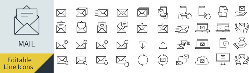 線の編集ができるベクターのメールの線画アイコンセット（アウトライン化していない） © syoko