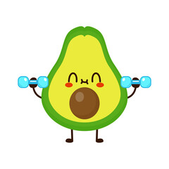 Cute funny avocado fruit is doing gym with dumbbells