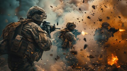 Photo of soldiers at war in combat. AI generated.