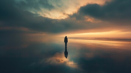 Photo of lonely person on the sea shore. AI generated.