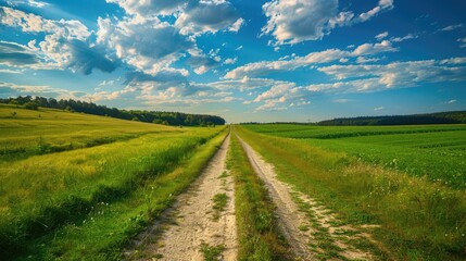 Photo of a rural road on green field. AI generated.