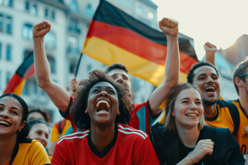 Naklejka premium Jubilant Fans Cheering, Multicultural Celebration with German Flag