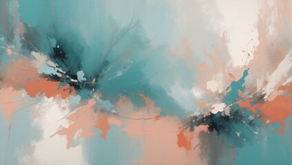 Artistic Canvas, Abstract Painting Background Featuring Dusty Teal, Faded Salmon, and Neutral Tan Shades.