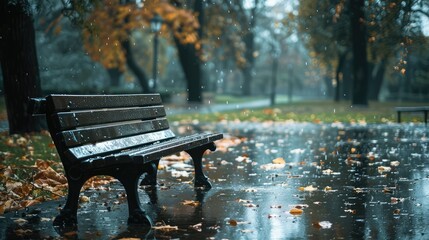 Bench in the park on a rainy day. AI generated.