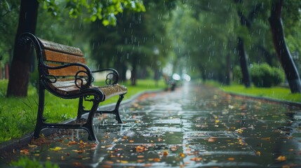 Bench in the beautiful park on a rainy day. AI generated.
