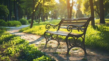 Bench in the beautiful park. AI generated.