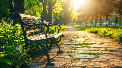 Bench in the beautiful park on a sunny day. AI generated.