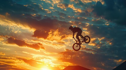 Photo of BMX rider on sunset background. AI generated.