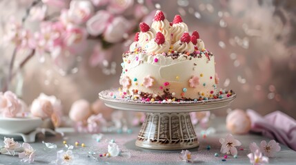 Photo of sweet white cake with raspberry.