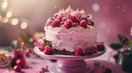 Photo of sweet cake with raspberry.