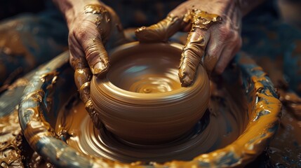 Close-up photo of a potter's hands at work. AI generated.