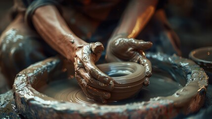 Close-up photo of a potter's hand creates the jar on the circle. AI generated.