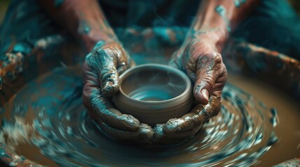 Photo of a potter's hands at work. AI generated.