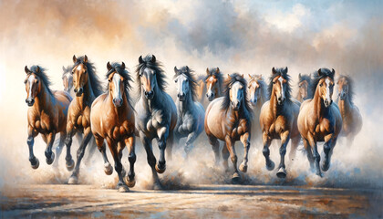 a group of horses charging forward