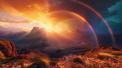 Photo of the bright rainbow with beautiful landscape. AI generated.