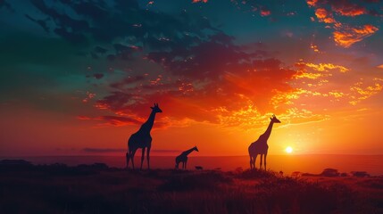 Giraffes silhouette on red sunset background. AI generated.