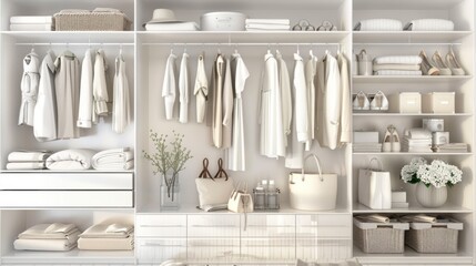 A white closet with a lot of clothes and a white purse on a shelf