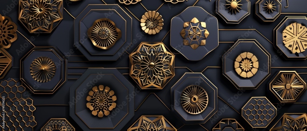 Poster gold geometric pattern on hexagon elements. japanese modern template.