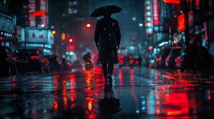 Rainy Night Stroll, generative ai - obrazy, fototapety, plakaty