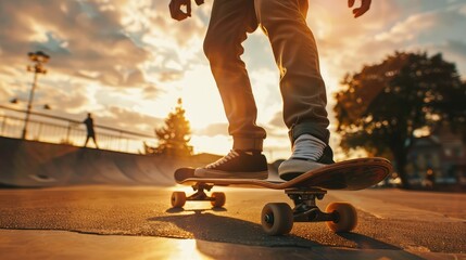 Photo of skateboarding on sunset background. AI generated.