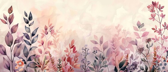 Background with watercolor texture modern illustration of flowers and herbal leaves in vintage style. Art landscape banner illustration.