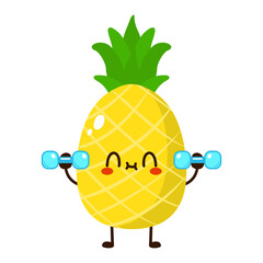Cute funny pineapple fruit is doing gym with dumbbells