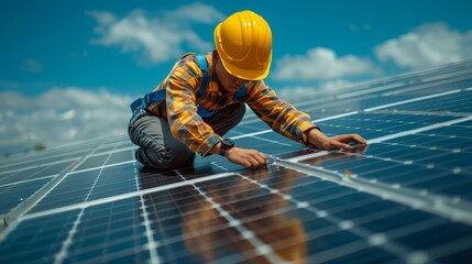 A solar panel installer wearing a hard hat and safety harness inspects the solar panels on a rooftop.