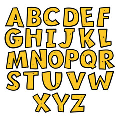 Hand drawn doodle set of yellow color letters isolated on white background. Alphabet for Children's Books and Toys, Early Childhood Education. Typographic content for children.