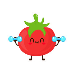Cute funny tomato fruit is doing gym with dumbbells