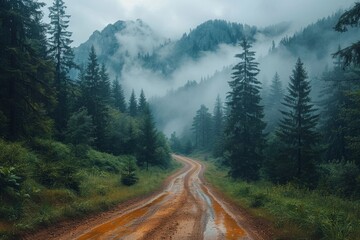 A mysterious and atmospheric road leading into a fog-covered forest with a backdrop of mountains