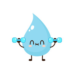 Cute funny water drop is doing gym with dumbbells