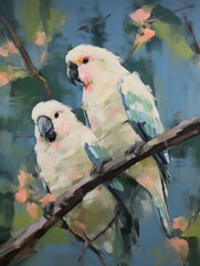 Two white parrots sitting on a branch with tropical flowers on green background. Oil painting bright exotic illustration for print, poster, web design. Contemporary art style.
