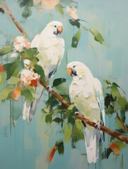 Fototapeta premium Two white parrots sitting on a branch with tropical flowers on green background. Oil painting bright exotic illustration for print, poster, web design. Contemporary art style.