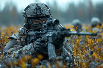 A soldier in tactical gear kneels in a flower field, aiming a rifle with the face deliberately obscured