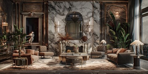 Luxury living room in marble with veins and decorations, sofa and chairs with LED lights, decorative art