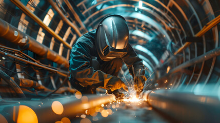 A male welder working inside a large pipe