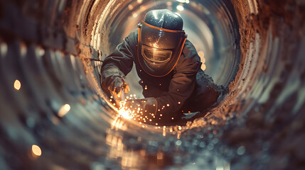A male welder welding working inside a large pipe
