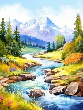 Watercolor painting of spruce forest and blue mountains. Foggy forest watercolor illustration. Pine trees and mountain river.