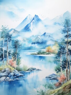 Watercolor painting of foggy blue forest and mountains. Lake watercolor illustration. Pine trees and mountain river.