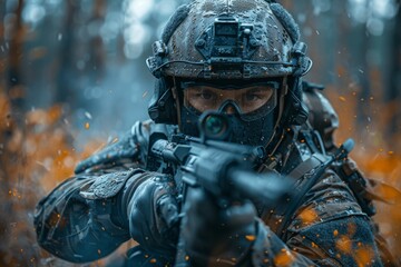 A futuristic soldier equipped with camouflage gear against a fiery autumn forest backdrop