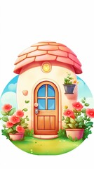 Flower pot house with windows and a door , isolated background, 3D cartoon, pastel, watercolor tone