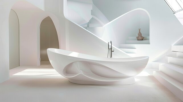 Artistic bathtub with Corian solid white surface material, modern decor, artistic, minimalist, art deco style bathroom