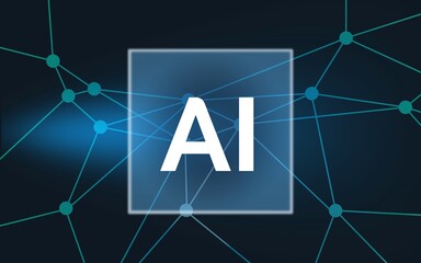 fictional AI Logo shown on a processor chip in front of connected dots in front of a dark blue in...
