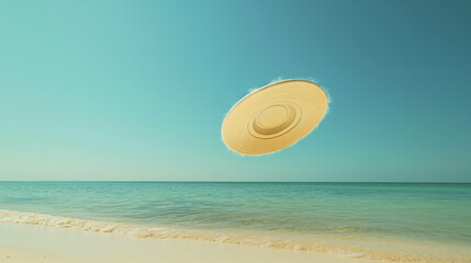 Fototapeta na wymiar Straw hat soaring above pristine beach shoreline under clear skies