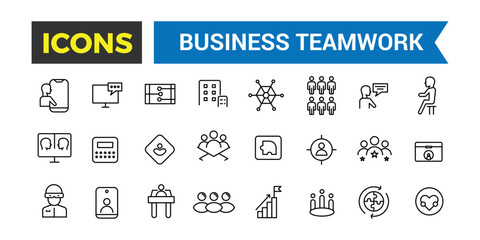 Business Teamwork, Team Building, Work Group And Human Resources Line Web Icon Set, Outline Icons Collection, Icon collection. Editable vector illustration., Vector Illustration