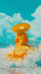 Surreal Woman Engulfed in Ocean Foam with Golden Hat