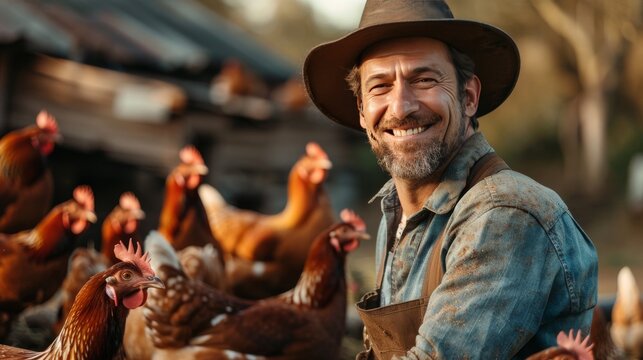 A busy scene at a chicken farm during feeding time, a farmer distributing food, dynamic and lively, with ample text space at the top