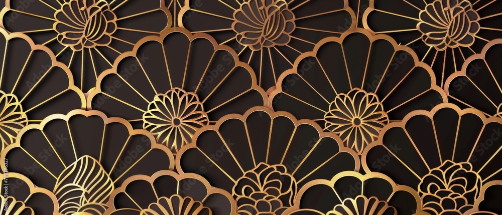 Poster modern japanese pattern with gold geometric background. floral elements and line texture.