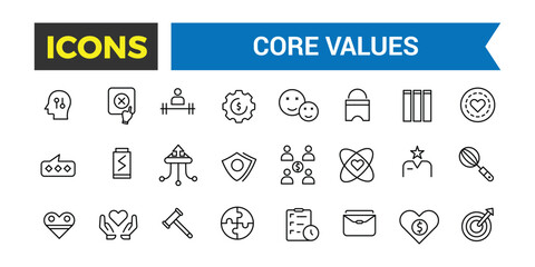 Core Values Icon Set, Full Vector Outline Style Icons, Commitment, Environmentalism Icons, Personal Growth, Innovation, Family, Problem Solving, Vector Illustration