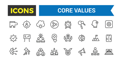 Core Values Icon Set, Full Vector Outline Style Icons, Commitment, Environmentalism Icons, Personal Growth, Innovation, Family, Problem Solving, Vector Illustration